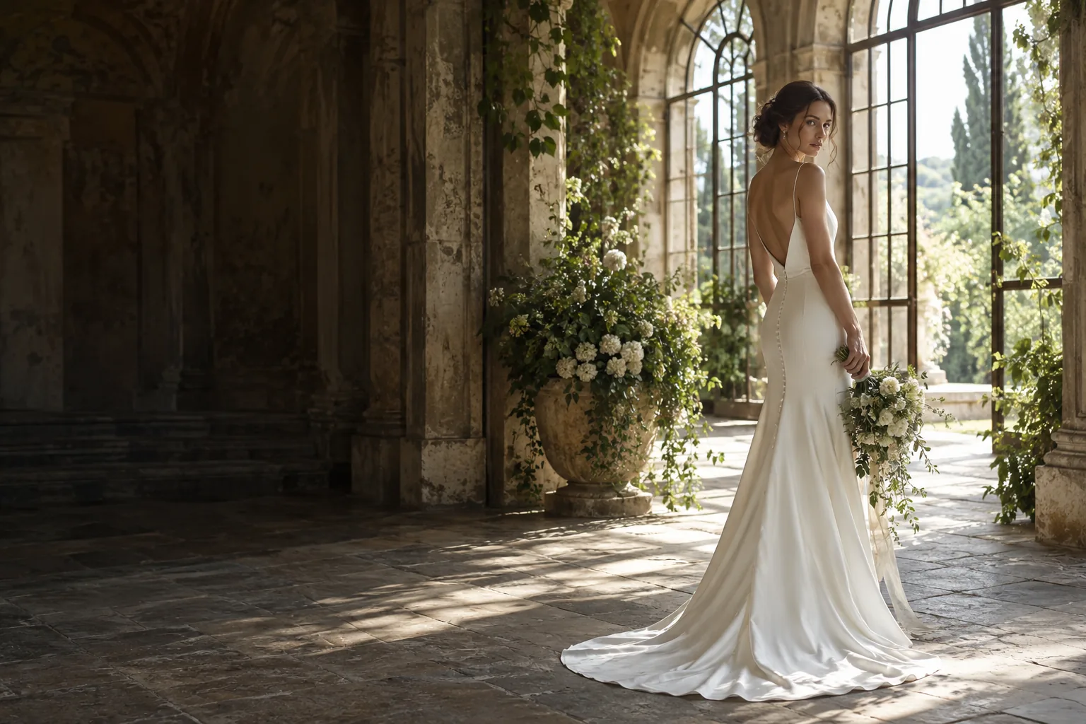 Bride in a simple ivory gown inside a sunlit stone conservatory