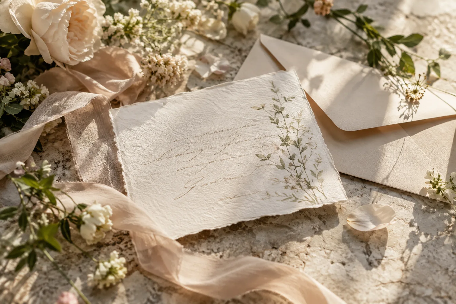 Wedding stationery and botanical details arranged on a table